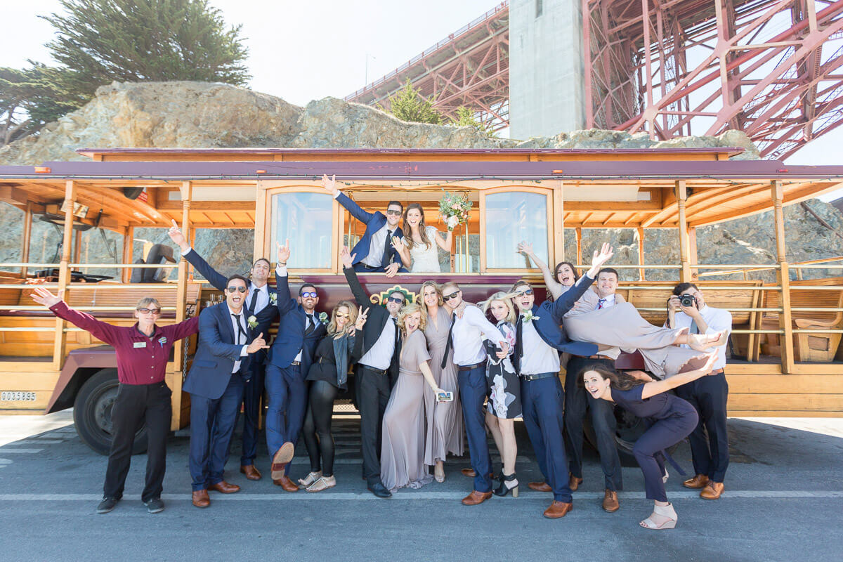 Cable Car wedding photo under Golden Gate Bridge