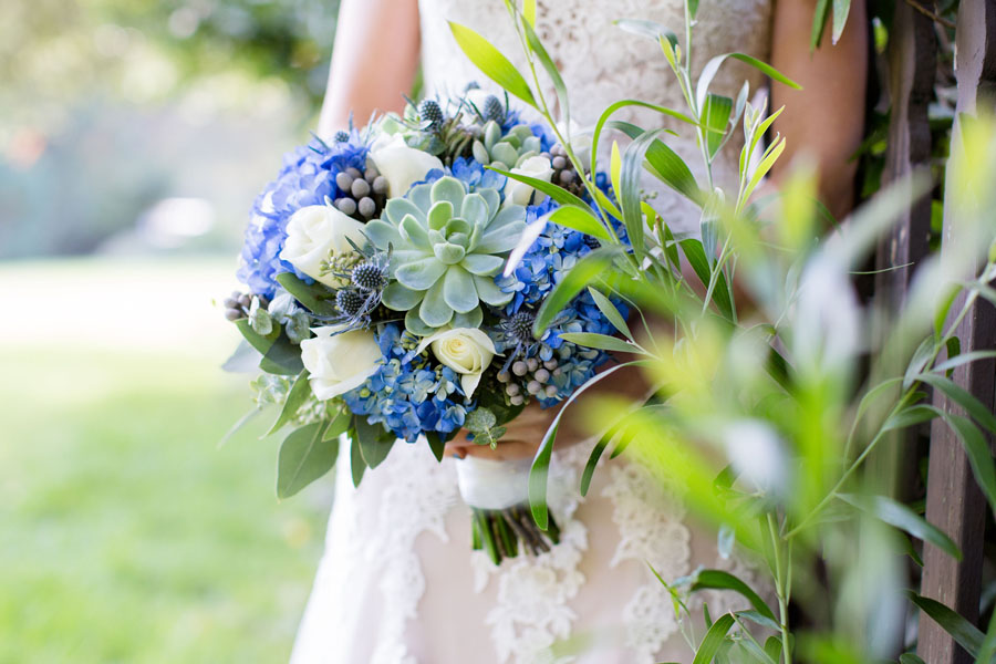 Cassie's bouquet with succulents, hydrangeas, and white roses