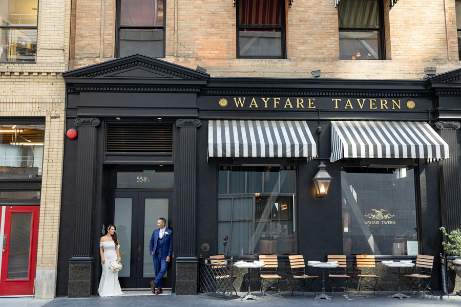Maribel and Ismael wedding photo outside Wayfare Tavern after their SF City Hall wedding